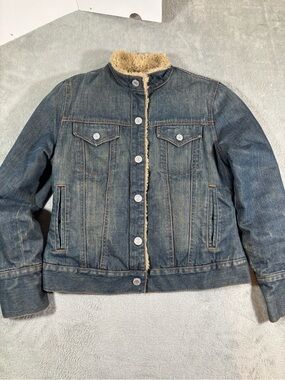 Vintage 2003 GAP Fall Sherpa Lined Denim Jacket Mandarin Collar Y2K - Small